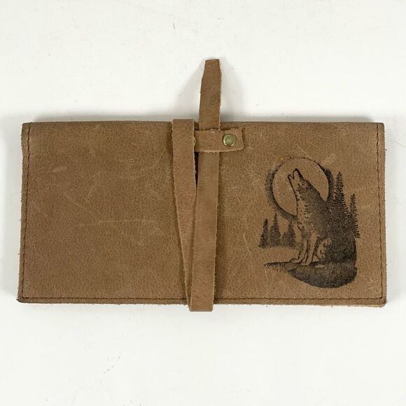 Handmade Leather Wallet‎ Brown Tan Howling Wolf Unisex Primitive Card Holder - Picture 1 of 7